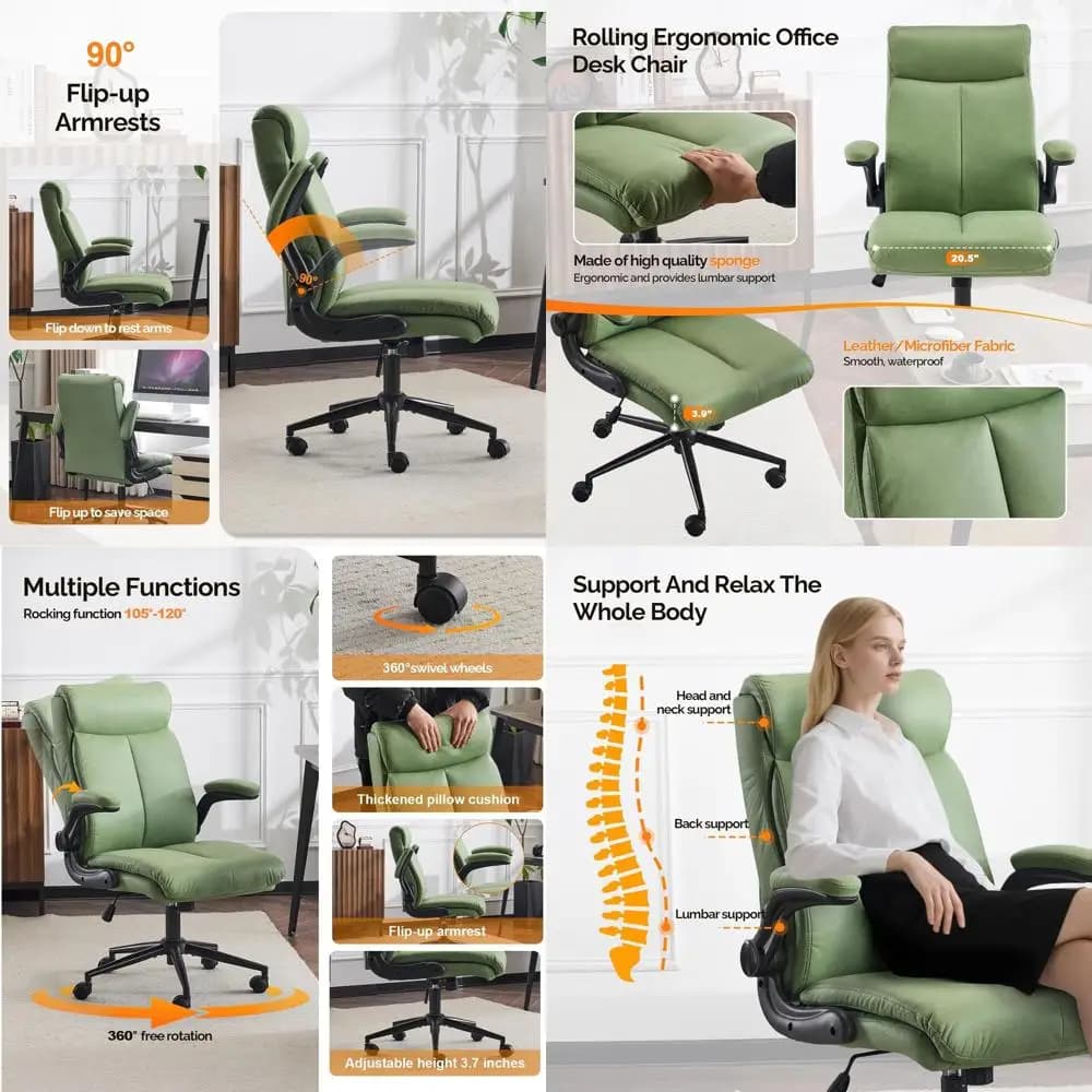 Sedia da scrivania girevole ergonomica con schienale alto e braccioli imbottiti per ufficio domestico, gaming e studio in PU verde