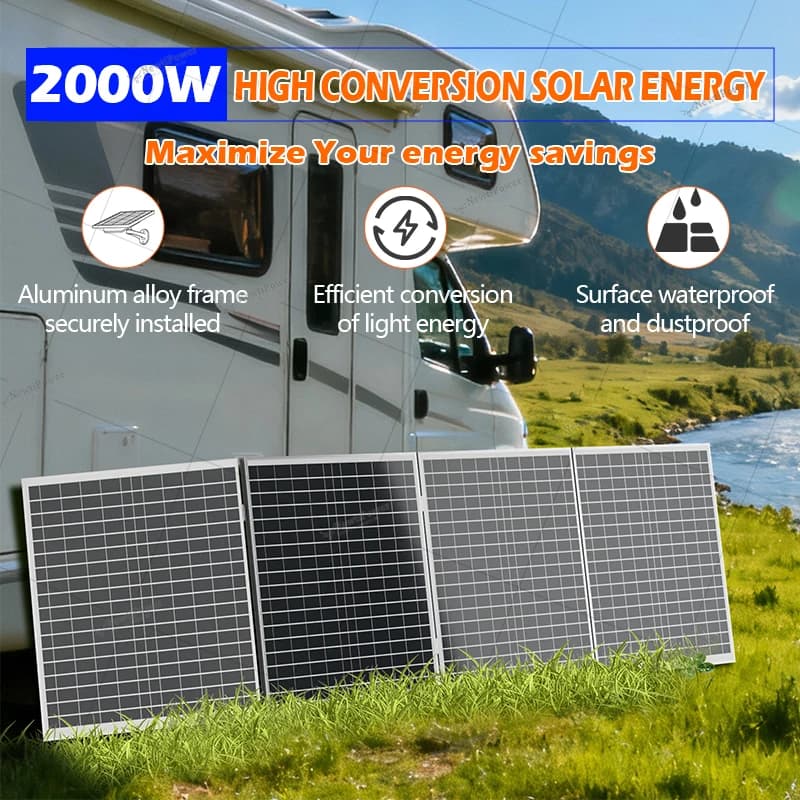 Kit Pannello Solare ad Alta Efficienza 2000W, Energia Solare ad Alta Conversione con Telaio in Lega di Alluminio, Impermeabile