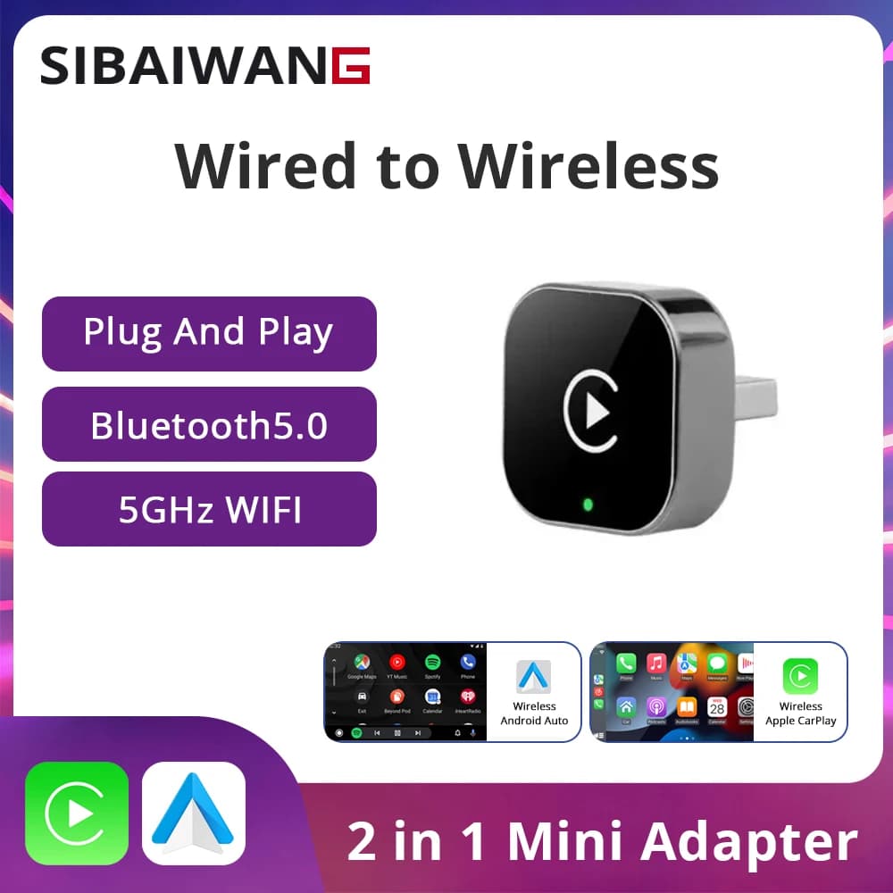 Nuovo adattatore wireless 2 in 1 per CarPlay e Android Auto, dongle USB, mini box intelligente, plug and play, per VW, Toyota, Nissan, Honda, Ford, Benz