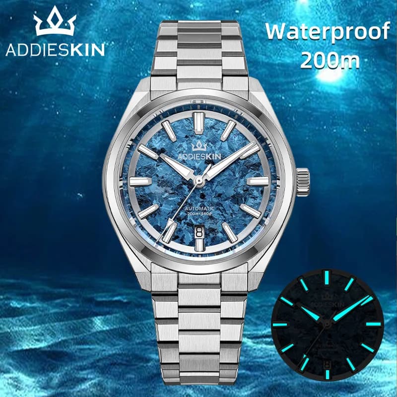 ADDIESKIN K006 Orologio Meccanico da Uomo con Quadrante in Titanio Cristallizzato Blu, Movimento Miyota 9015, Impermeabile 200m, Luminoso BGW9, Ultra Leggero