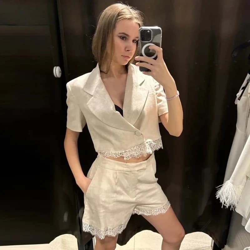 Khaki Lace Shorts Sets Women's Suit Summer 2026 Casual Crop Asymmetric Button Blazer Woman 2 Piece Set Mid Waist Shorts Set