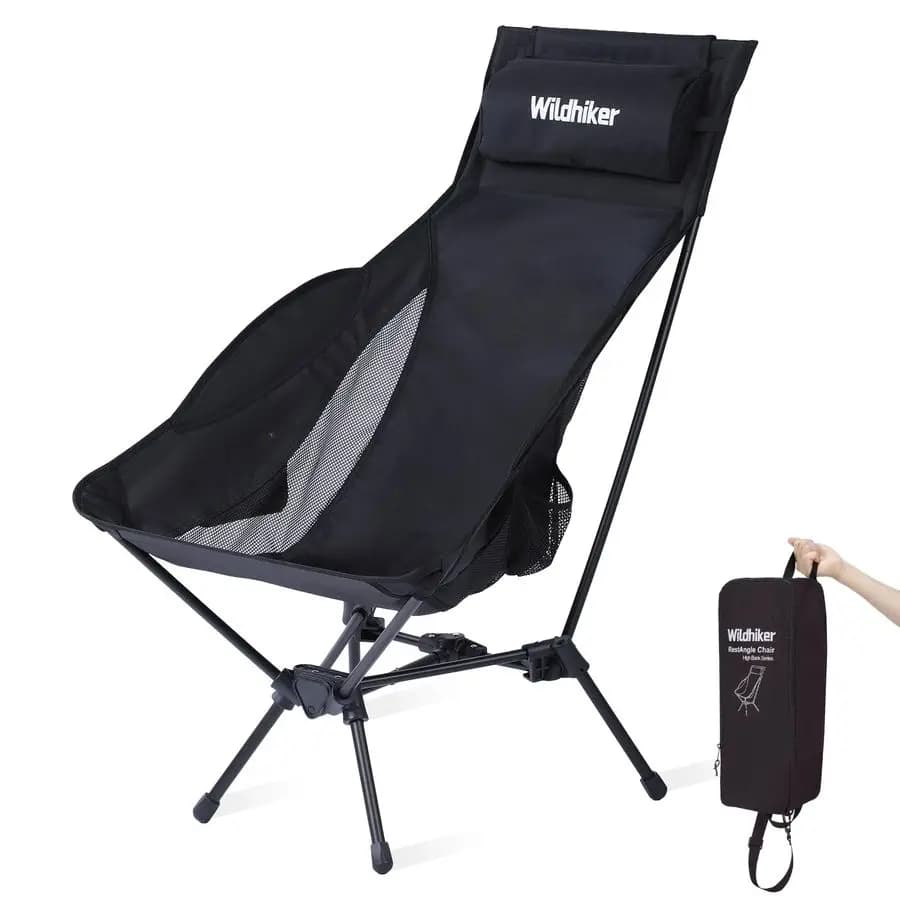 Compact and portable foldable camping chairs, lightweight, with high backrest and cushion, deep reclining, armrests, side pockets for motorcycle, R