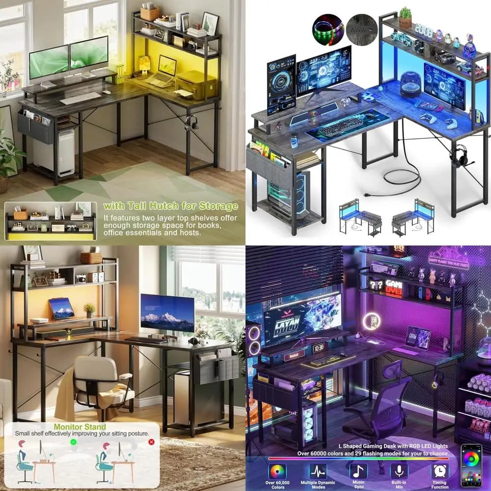 48 scrivania da gioco a forma di L con LED, supporto per monitor, spazio di archiviazione e prese in rovere nero