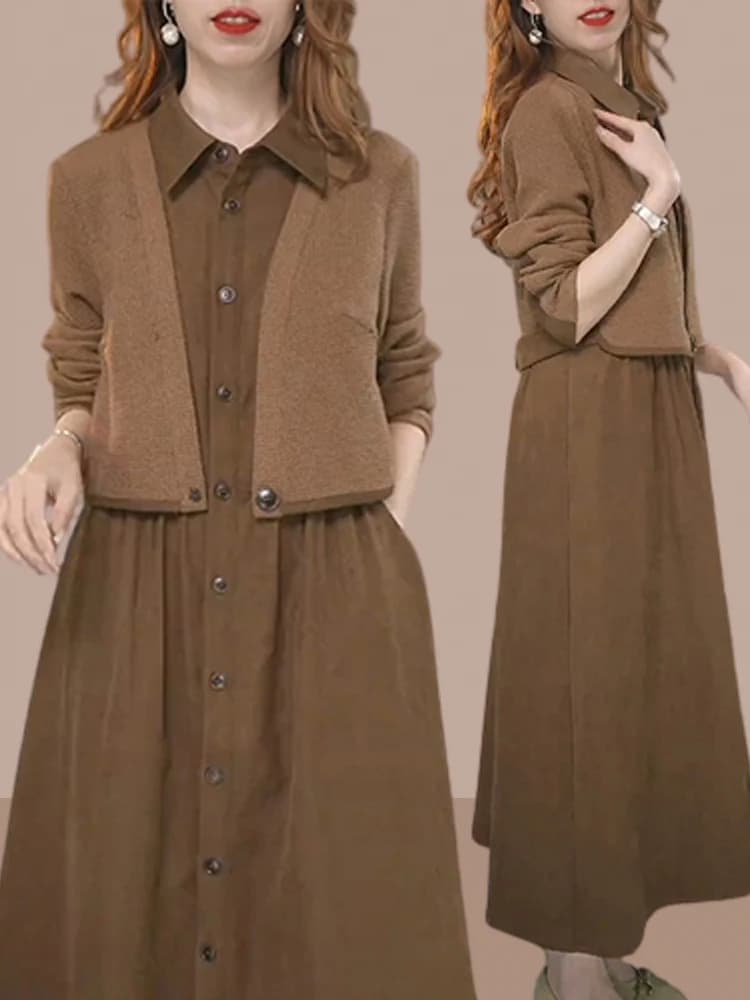Elegant Long Sleeve Fake Two-Piece Dress Women's Spring Autumn High Waist Slimming Mommy Set Long Skirt Ins Style A-Line Dress