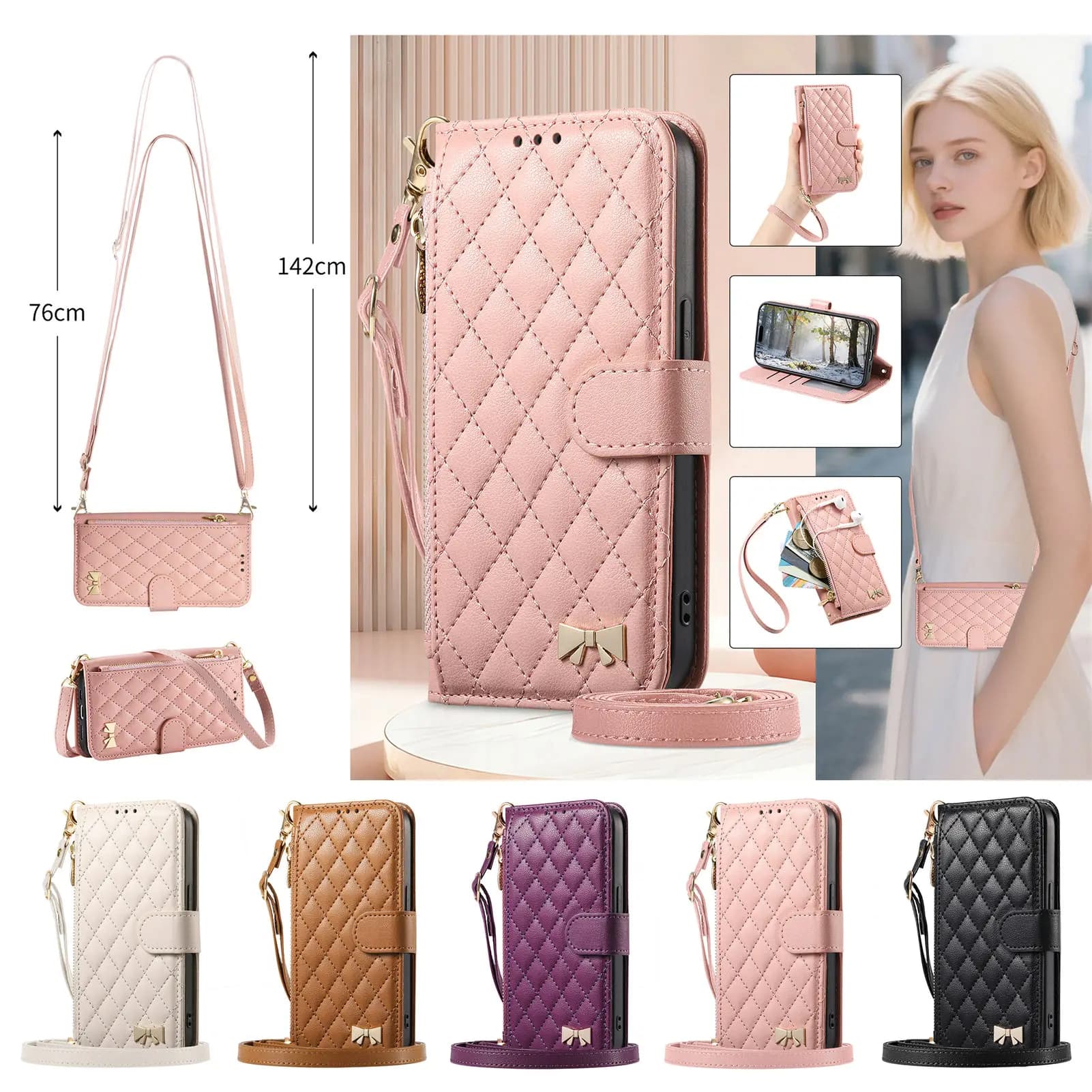 Wallet Case with PU Leather Hinge and Wrist Strap for Samsung Galaxy S26 S25 Plus S24 FE S23 Ultra S22 A57