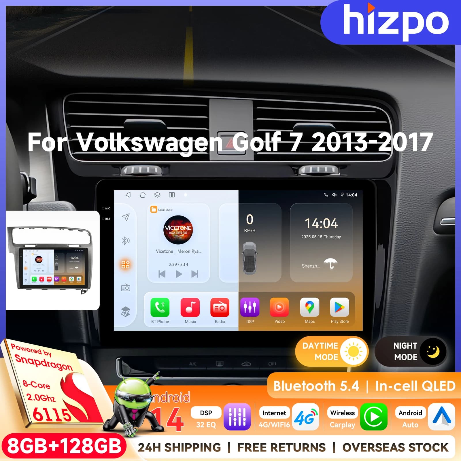 Hizpo 10.1" Wireless Carplay Car Multimedia Player per VW Volkswagen Golf 7 2013 2014 2015 2016 2017 Stereo DSP GPS SWC 4G 6115