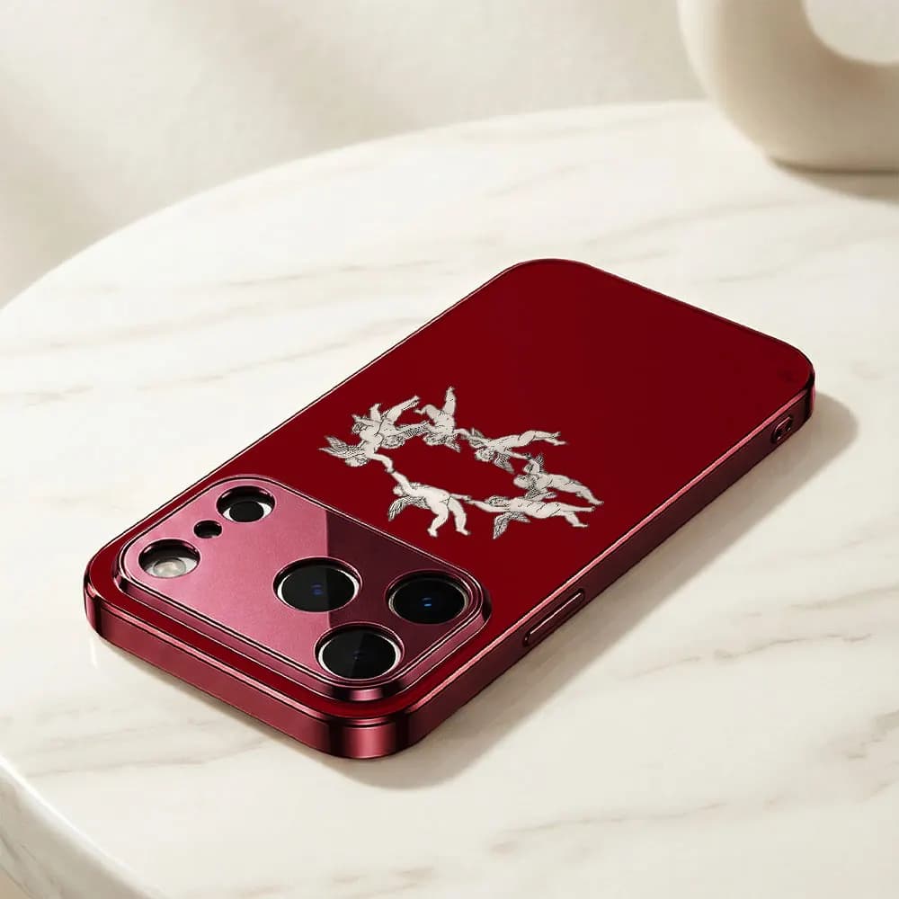 ECOCASE Cover per iPhone 17 16 15 14 13 12 11 Pro Max 16E, guscio in vetro elettroplaccato rosso con cherubini rossi