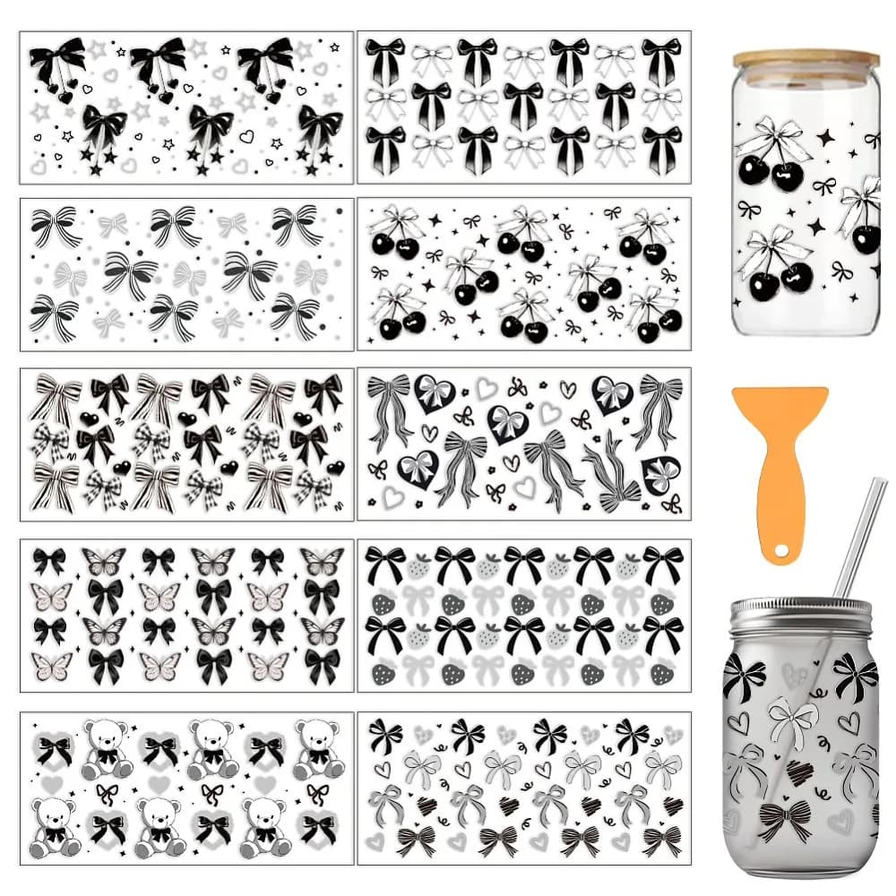 PVC DIY Heat Transfer Paper for UV Sublimation Cup Bowknot 110x240mm 10 style 1pc/style 10pcs/set