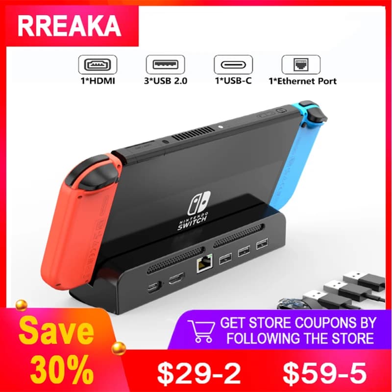 Dock Switch 6 in 1 per Nintendo Switch OLED TV Adapter Switch Docking Station con HDMI 1000 Mbit RJ45 Ethernet LAN tipo C HUB