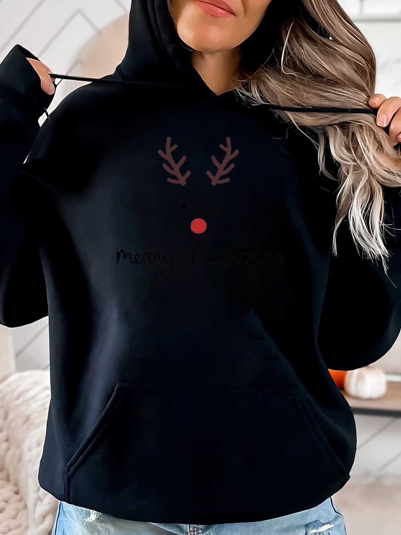 Hoodie with Renne Printing Happy Christmas Women's Face, Casual Holiday Clothing, Black Strong Sizes