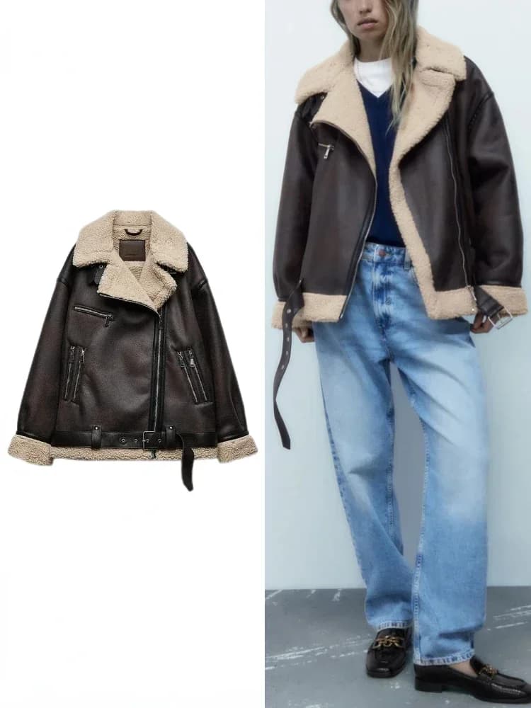 Women's Jacket in Shearling Fake Double Face thick and warm autumn winter new cuffed long sleeve with belt edge closure with Women's Zip Coat