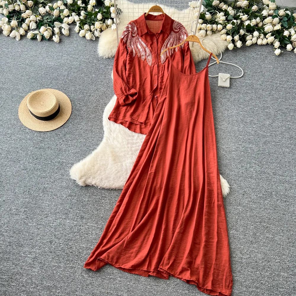 Completo da donna due pezzi: camicia a maniche lunghe e vestito lungo casual ampio con spalline a trapezio, stile Y2K streetwear elegante per il lavoro, estate 2026