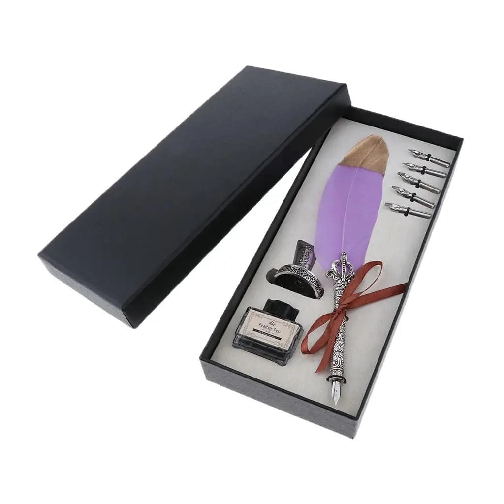 Antique Fountain Pen Feather Quill Dip Calligraphy Writing Set with Nibs Ink Bottle for Student Teacher Gift