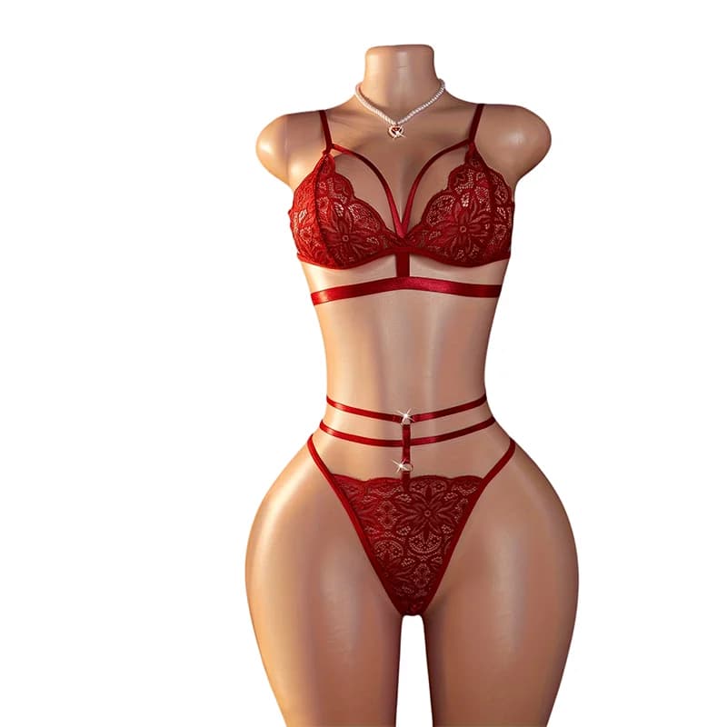 Set di Lingerie Sexy con Lacci in Pizzo, Reggiseno e Mutandine Traforati Neri, Intimo Erotico Trasparente con Ricami Floreali