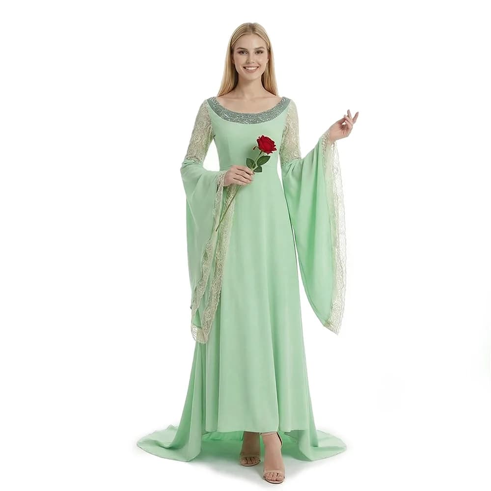 Costume Cosplay Arwen LOTR Verde con Corona, Abito da Film Il Signore degli Anelli, Outfit per Festa di Halloween per Donne Takerlama