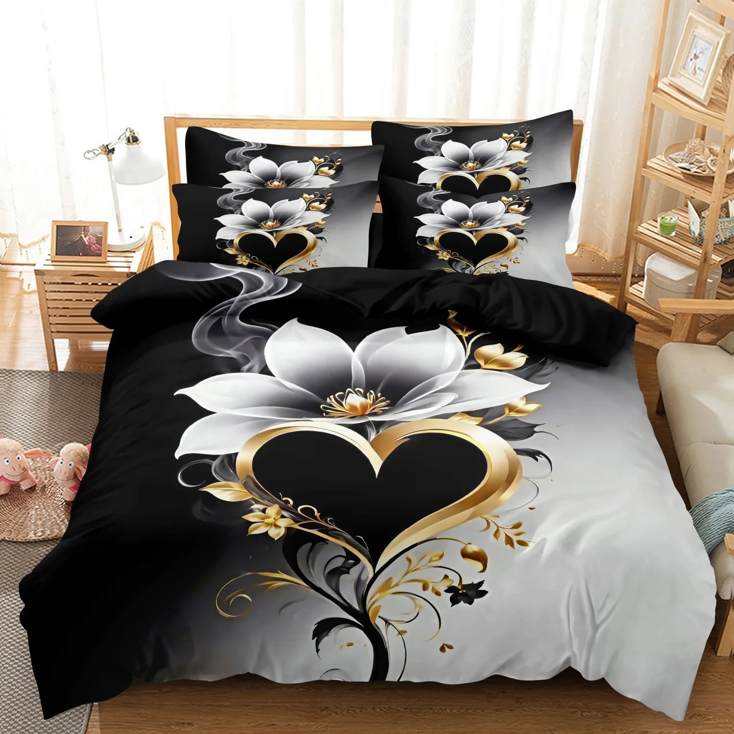 Luxury Gradient Black White Golden Heart Flower Duvet Cover Set, 3Pcs White Magnolia Golden Swirl Romantic Art Pattern Bedding