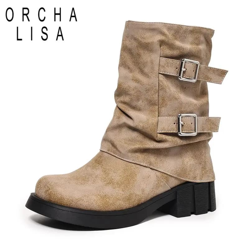 ORCHA LISA Hot Cowgirl Western Boots Round Toe 4.5cm Thick Bottom Slip On Buckles Plus Size 40 41 42 43 Leisure Mid Calf Winter