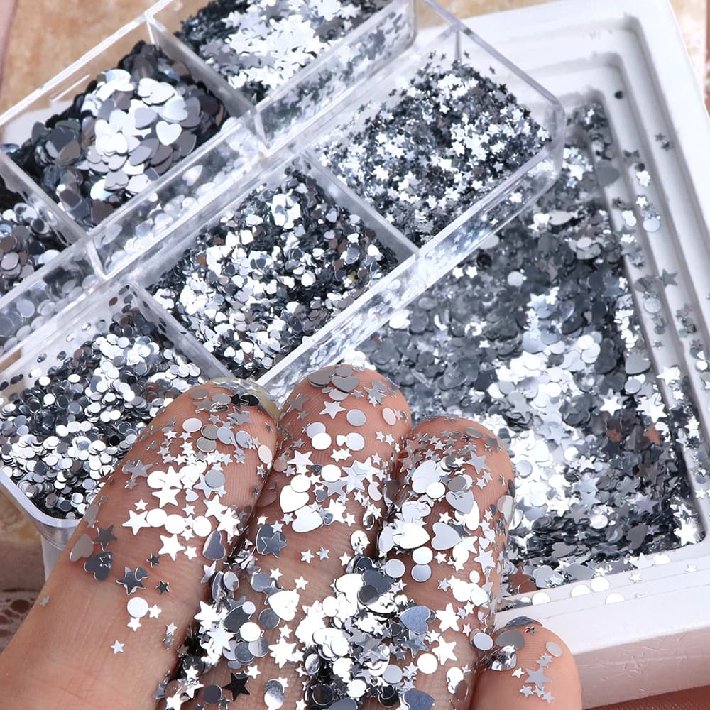 Paillettes olografiche argentate Resina epossidica Riempimento Stelle laser lucide Cuore d'amore Forma rotonda Paillettes Portachiavi fai da te Materiale artigianale