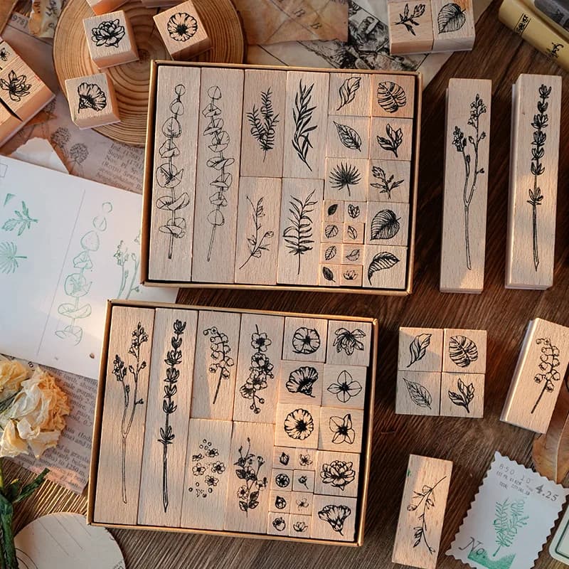 22pcs/set Natural Plants Leaf Flower Wooden Stamp Set Collage Junk Journal Scrapbooking Card Making Standard Stamps