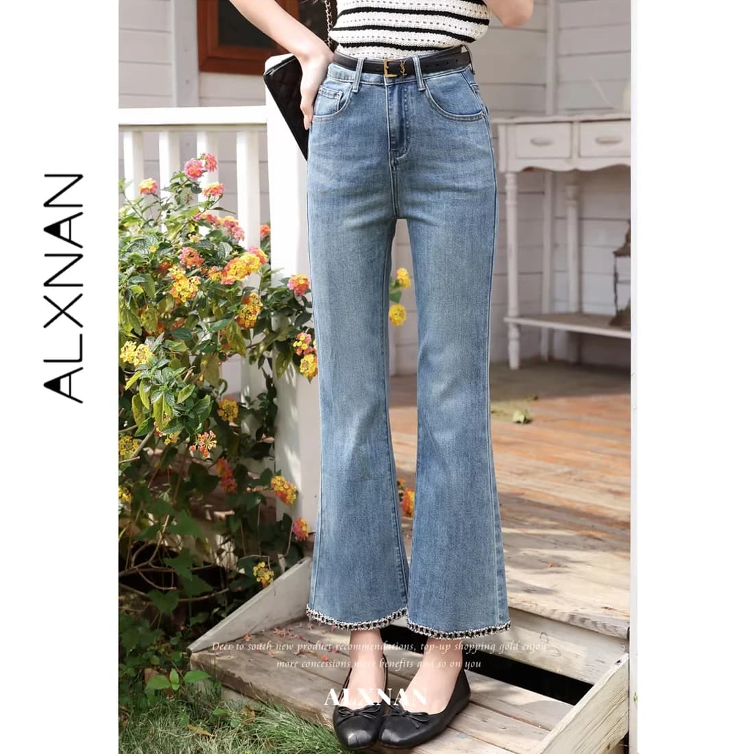 ALXNAN Women Flare Denim Jeans Elegant Light Wash High Waist Lace Trim Hem Slim Fit Long Casual Female Denim Trousers L63029