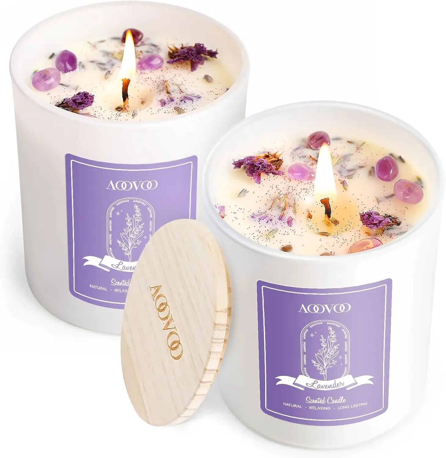 Set di Candele Profumate alla Lavanda con Cristalli all'Interno, Candele di Soia da 14oz per Aromaterapia Domestica e Regali