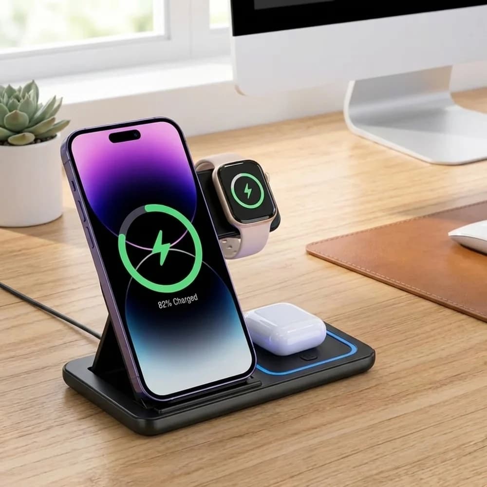 Caricatore Wireless Veloce LED 15W, Stazione di Ricarica Pieghevole 3 in 1 con Indicatore LED, Dock di Ricarica Rapida Portatile da Scrivania