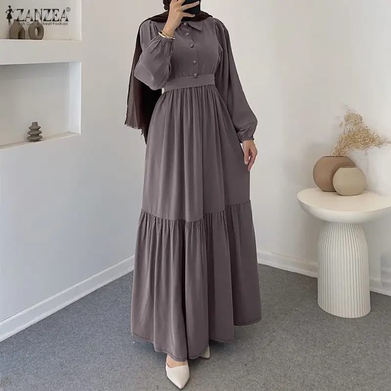 2026 ZANZEA Abiti Hijab Musulmani Abaya Donna Elegante Vestito Lungo a Maniche Lunghe Plissettato con Cintura Tinta Unita per Feste Kaftan Dubai Vestidos