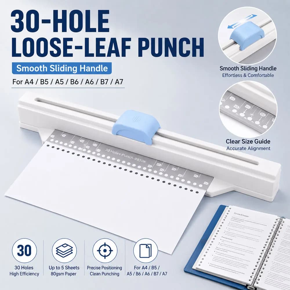 30 Hole Loose Leaf Paper Punch, Manual Sliding Puncher with ABS Metal Body for Planner Notebook Refill Paper Office School DIY
