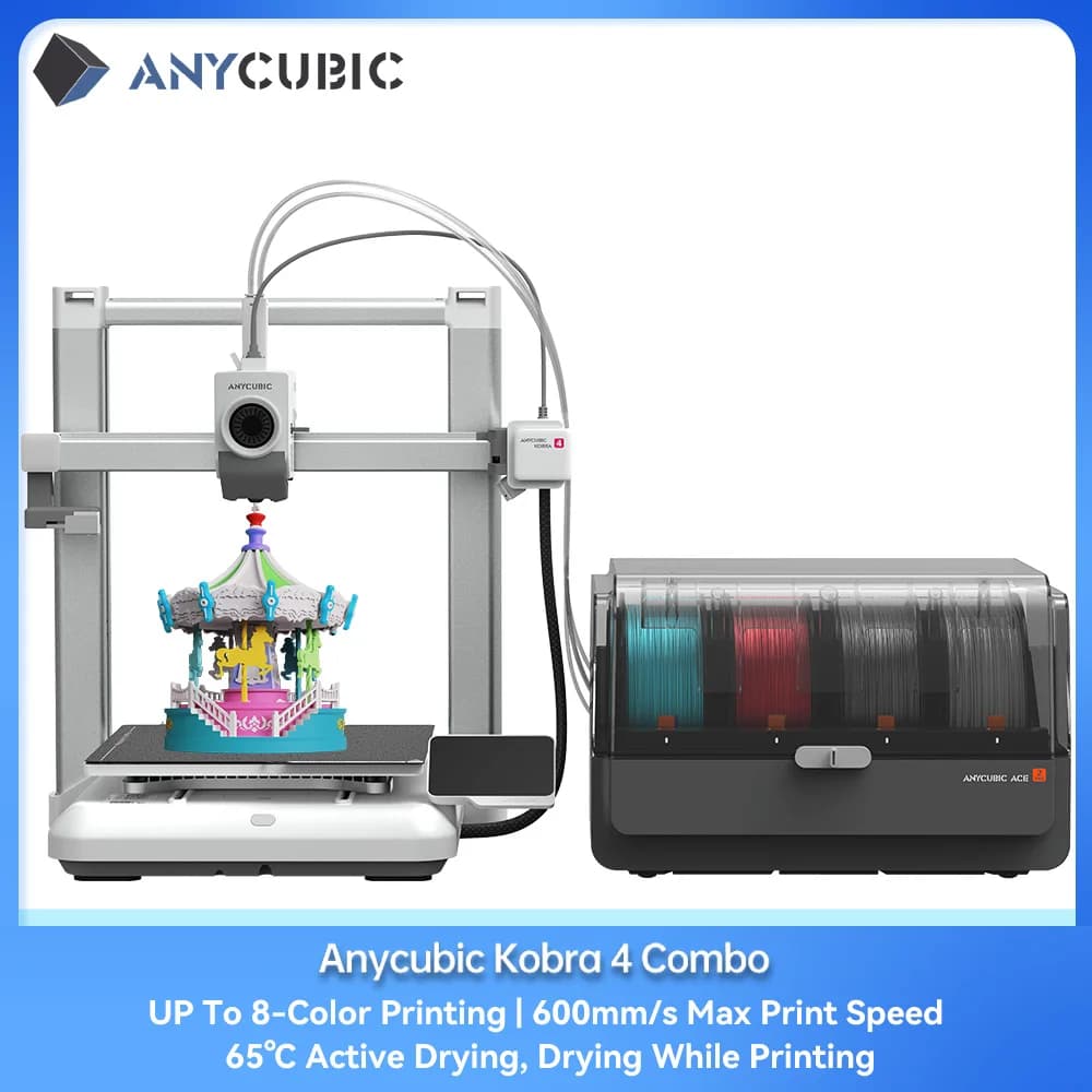 Stampante 3D ANYCUBIC Kobra 4 Combo multicolore fino a 8 colori, asciugatura filamento ACE 2 Pro, stampa veloce 600 mm/s, controllo tramite app, stampante 3D FDM.