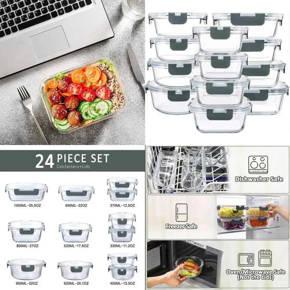 Set di contenitori ermetici per la preparazione dei pasti in vetro - 24 pezzi, coperchi con chiusura a scatto, microonde, forno, congelatore, lavabile in lavastoviglie