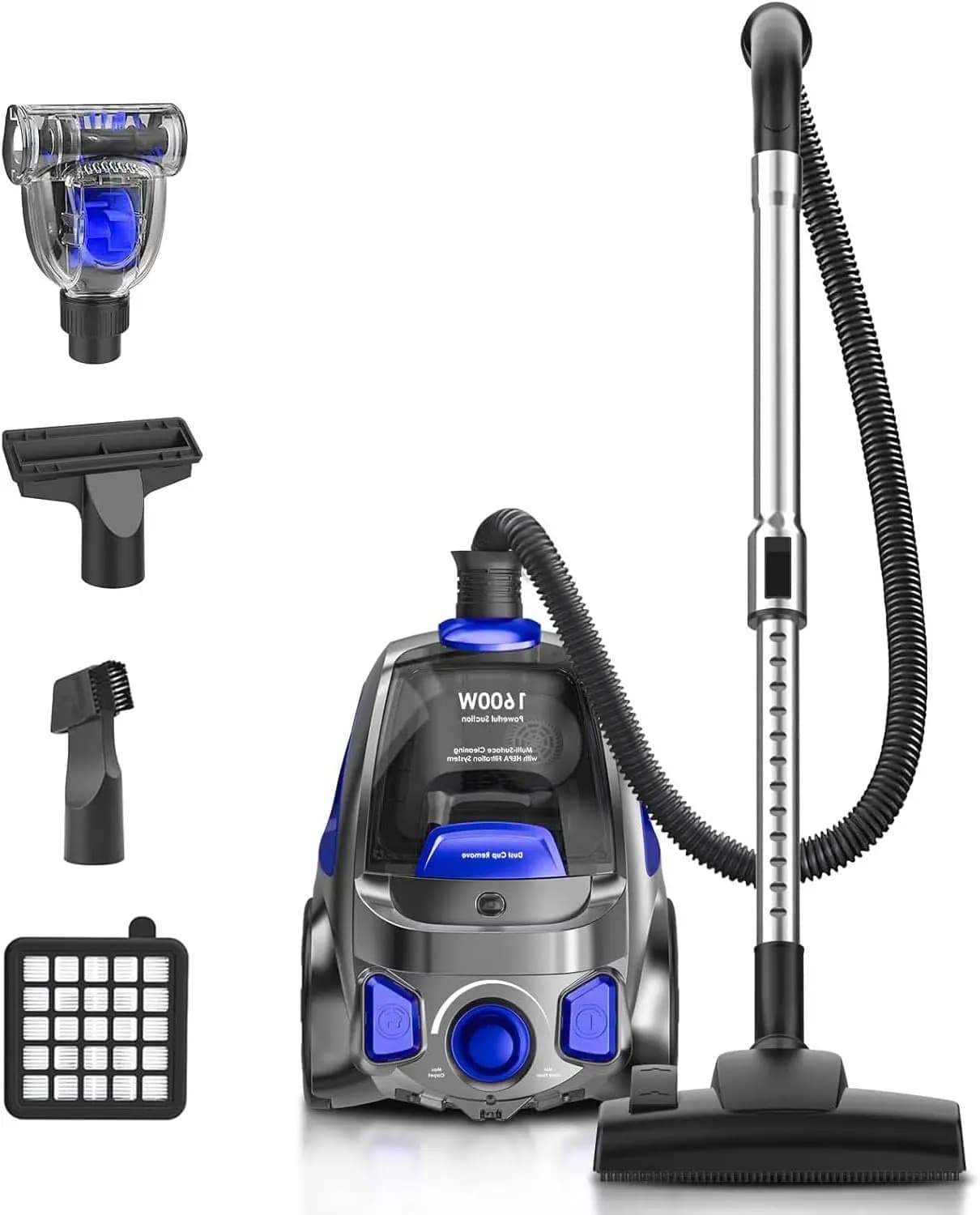 Aspirapolvere Senza Sacco 40Kpa 1600W, Contenitore Polvere da 3,7QT per Pavimenti Duri, Tappeti, Peli di Animali