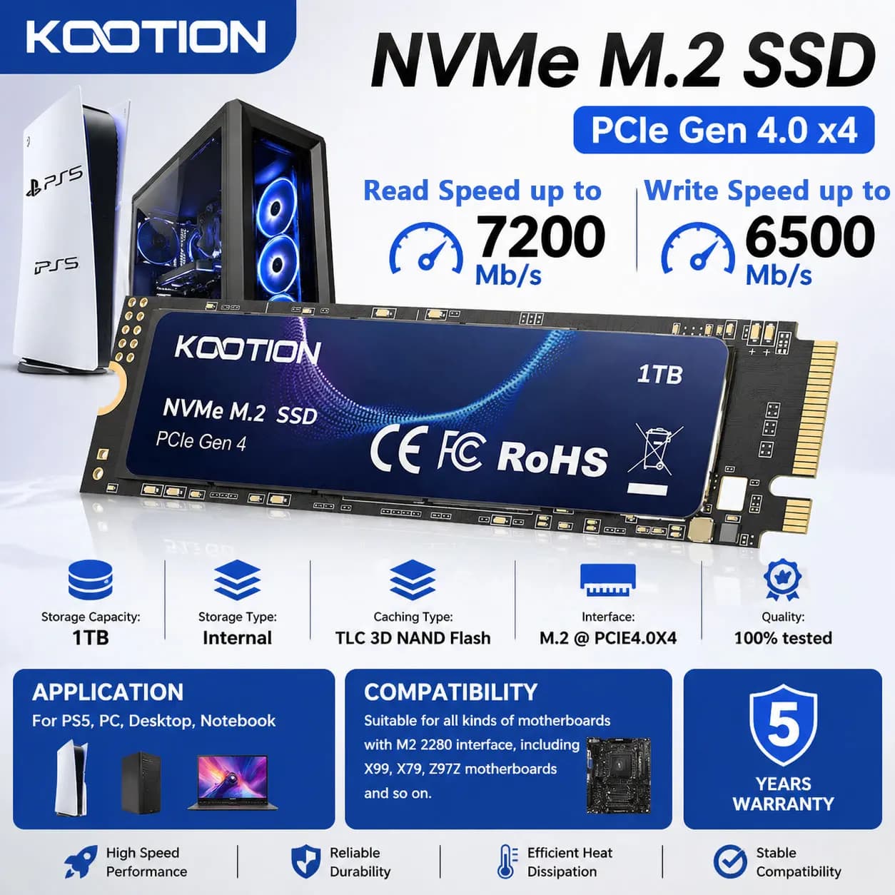 KOOTION X16PLUS NVMe M.2 SSD 1TB Unità a Stato Solido Interna M2 PCIe 4.0x4 2280 per PS5 Laptop PC
