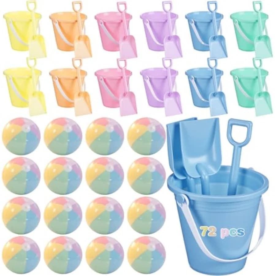 72 Pezzi di Giocattoli da Spiaggia per 24 Set: Secchielli, Palette, Palline da Spiaggia Pastello, Giocattoli Gonfiabili per Bambini e Bambine, Giochi per Bambini Piccoli