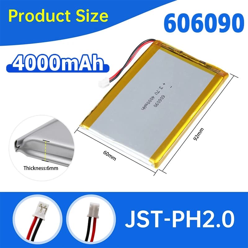4000mAh 14.8Wh 3.7V Li Lithium Battery 606090(JST-PH 2.0 Plug) Lipo For Keychron k2 Keyboard GPS Car Dashcam