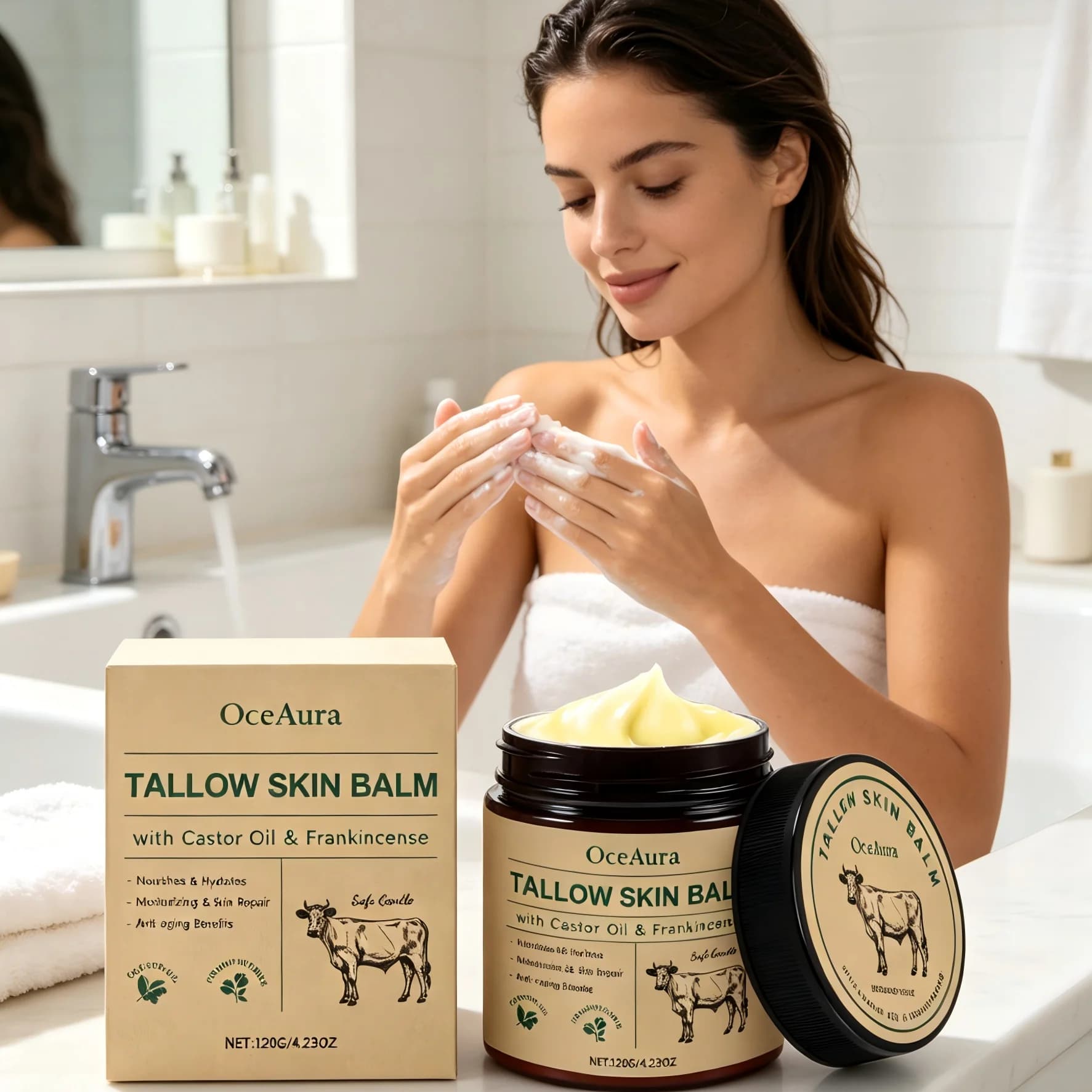 OceAura Tallow Balm Anti Aging Firm Skin Barrier Repair Smooth Castor Oil Frankincense Beef Tallow Face Cream Moisturizer 120g