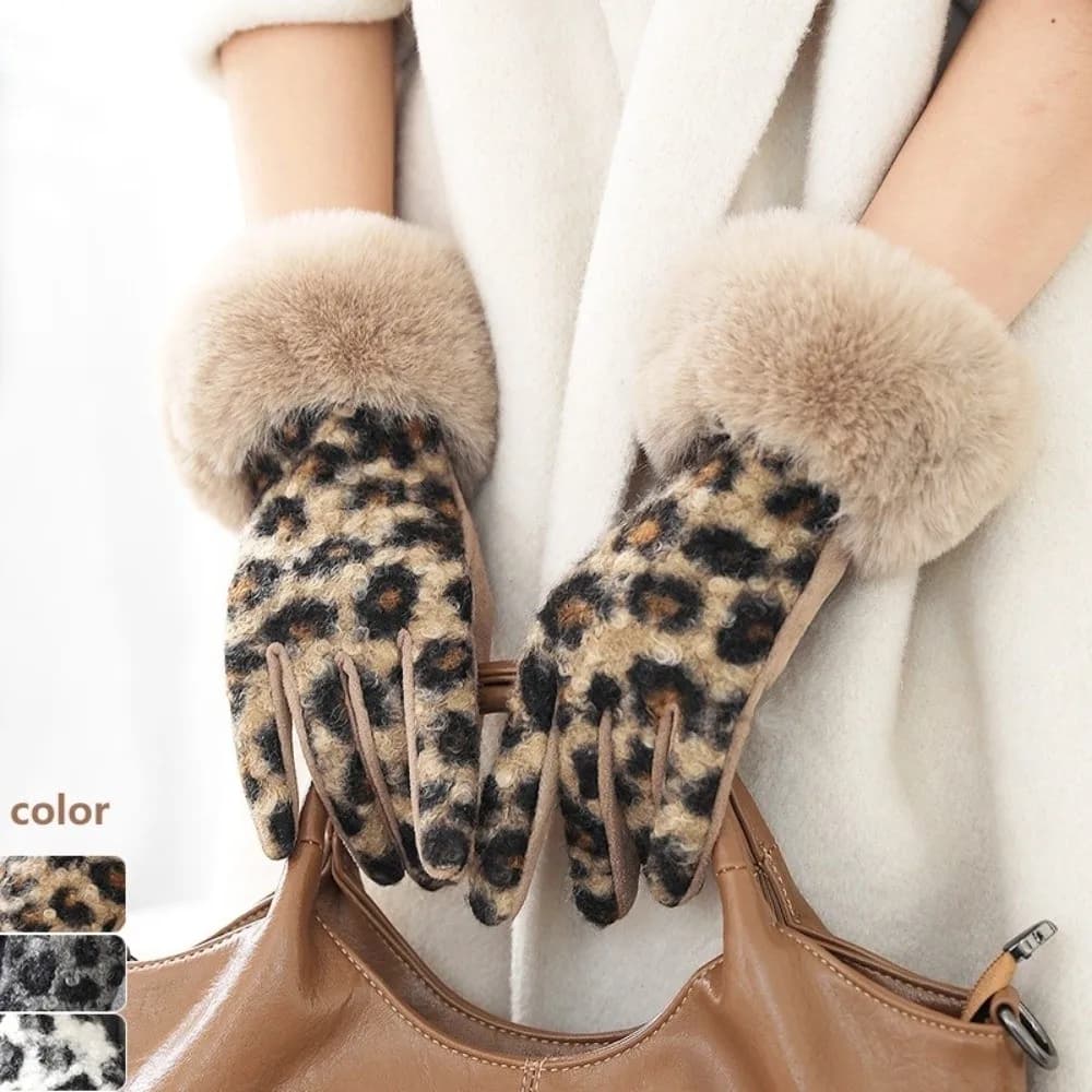 Guanti in Velluto con Stampa Leopardata alla Moda, Spessi e a Dita Intere, Stile Coreano, Antivento, per Ciclismo, Autunno