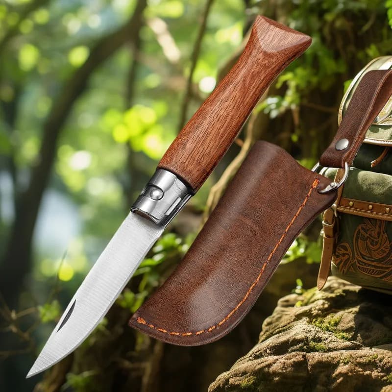 Coltello affilato portatile in acciaio inossidabile, skinner da campeggio all'aperto con manico in legno, strumento per frutta da cucina domestica con fodero