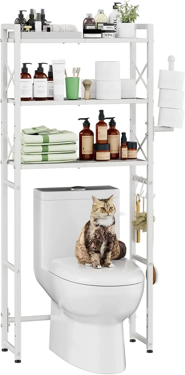 Scaffale portaoggetti da posizionare sopra il WC con porta carta igienica, scaffale organizer da bagno a 3 livelli in metallo resistente con 3 ganci, bianco