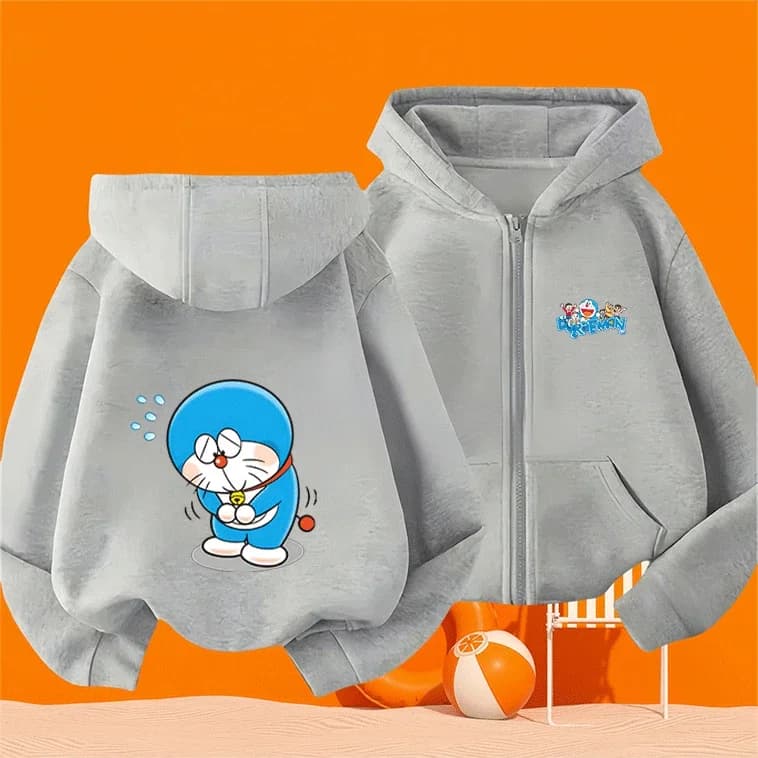 Giacca Casual Morbida con Cappuccio per Bambini 2026, Stampa Anime Doraemon, Chiusura a Zip, Autunno Inverno
