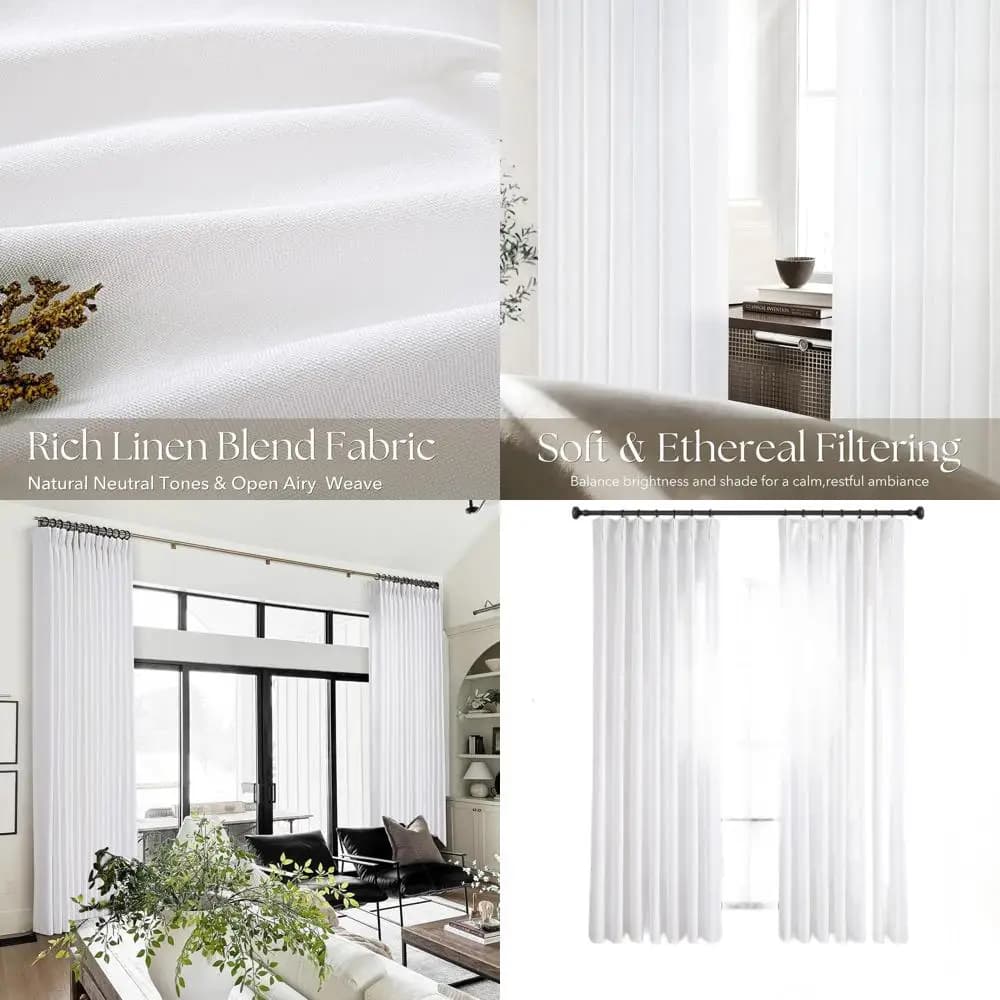 White linen folded curtains with light filtering, length 72, semi-transparent for the modern decor of the coastal bedroom