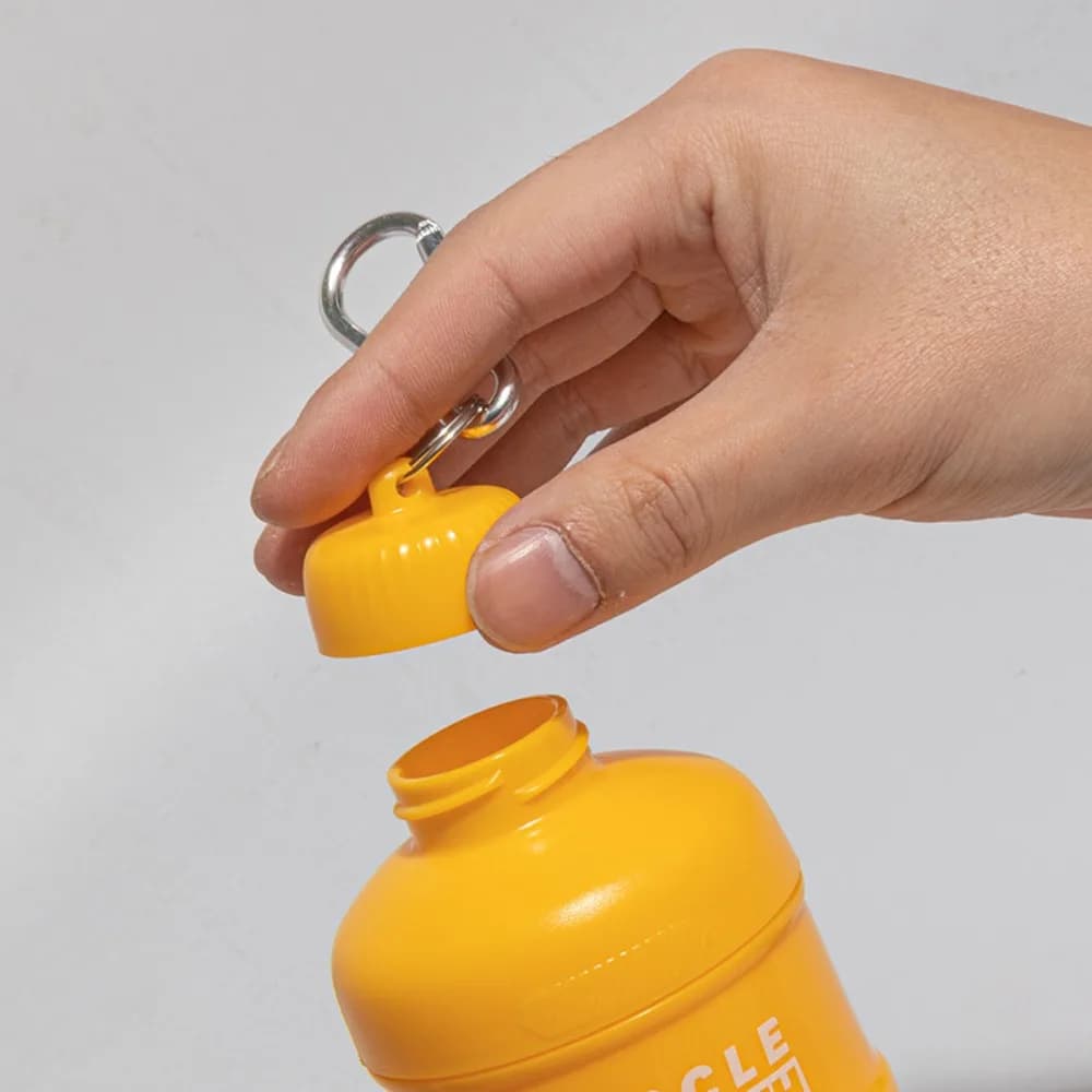 Fitness supplement bottle with portable plastic layer storage funnel for 1/2/3 layer powder protein with mountaineering buckle