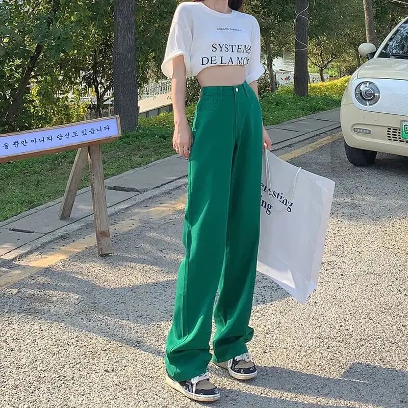 High Waist Slimming Drapey Wide Leg Pants Women's Jeans Spring Season Fruit Color Straight Cut Long Zipper Closure
