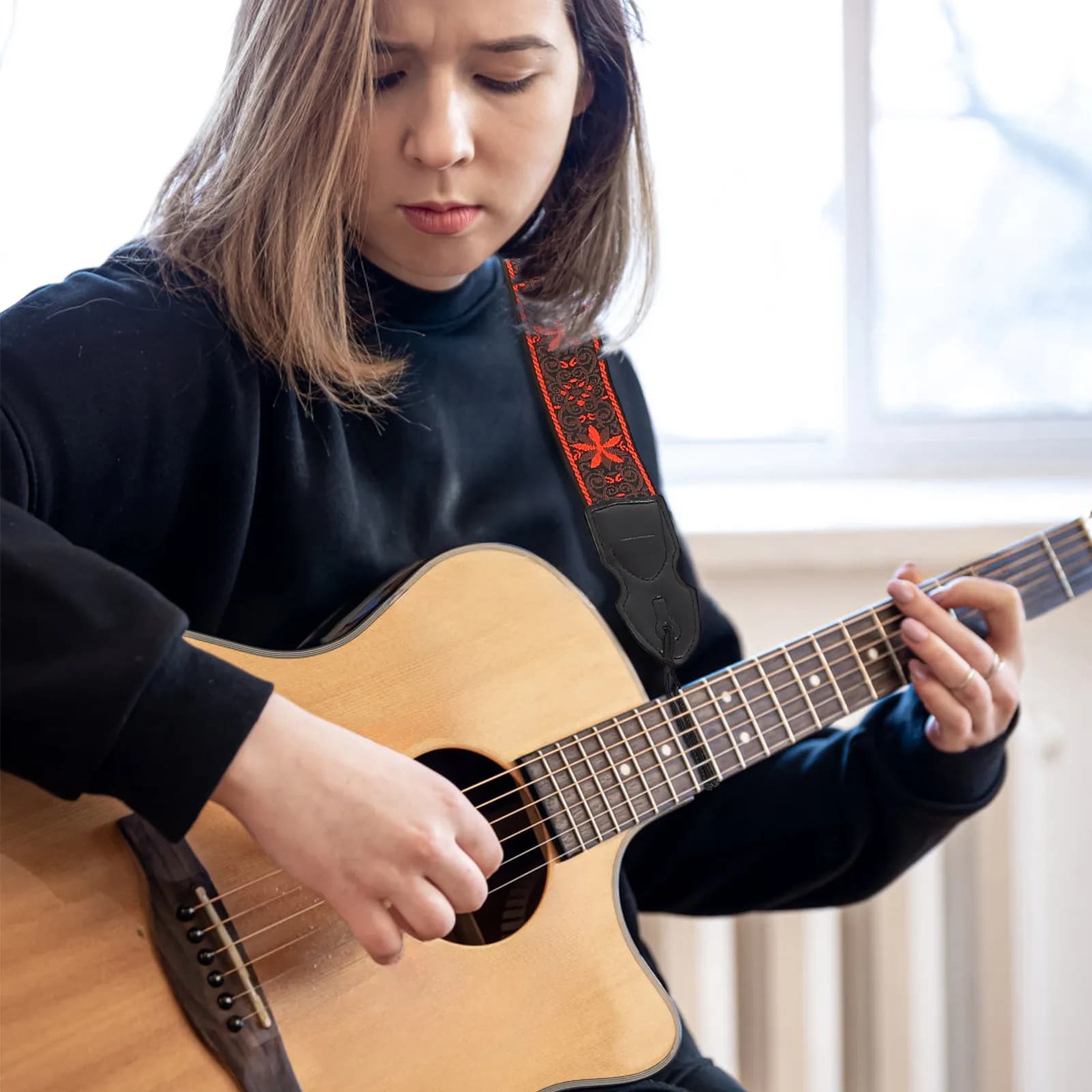 Set di 1 tracolla per chitarra floreale con plettri regolabili per chitarra elettrica, acustica, basso, universale, in poliestere, kit di accessori per chitarra