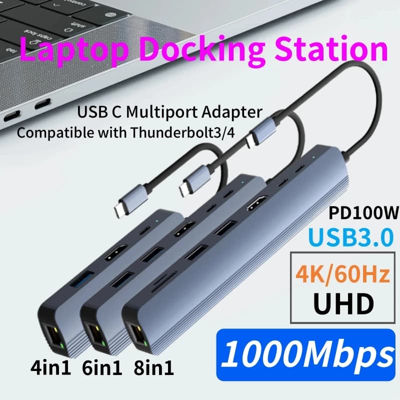 Hub docking station USB C per MacBook Pro/Air Thunderbolt da 3/4 a 4K a 60 Hz Compatibile con HDMI, Gigabit Ethernet, 100 W PD, USB 3.0 OTG