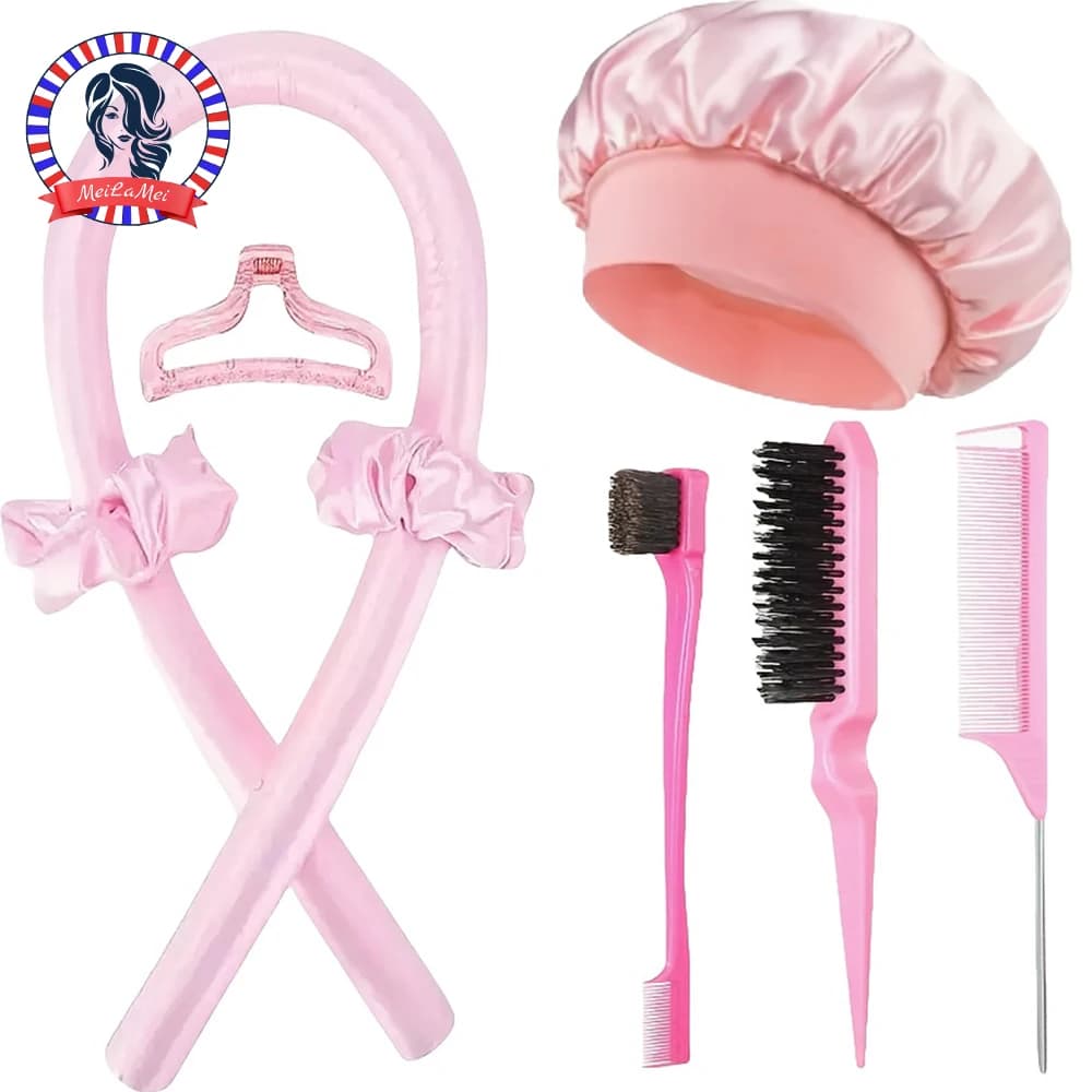8-piece Styling Tool Set, Women's Non Hot Curling Iron and Satin Nightcap Set, Hair Styling Tool Comb, Hair Clip, Hair Ring Set,
