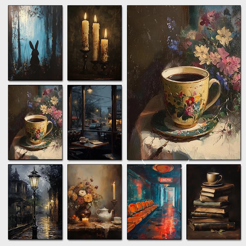 Moody Vintage Night Time Posters Flickering Candles Deserted Cinema Forest Prints Canvas Painting Wall Pictures Home Room Dec