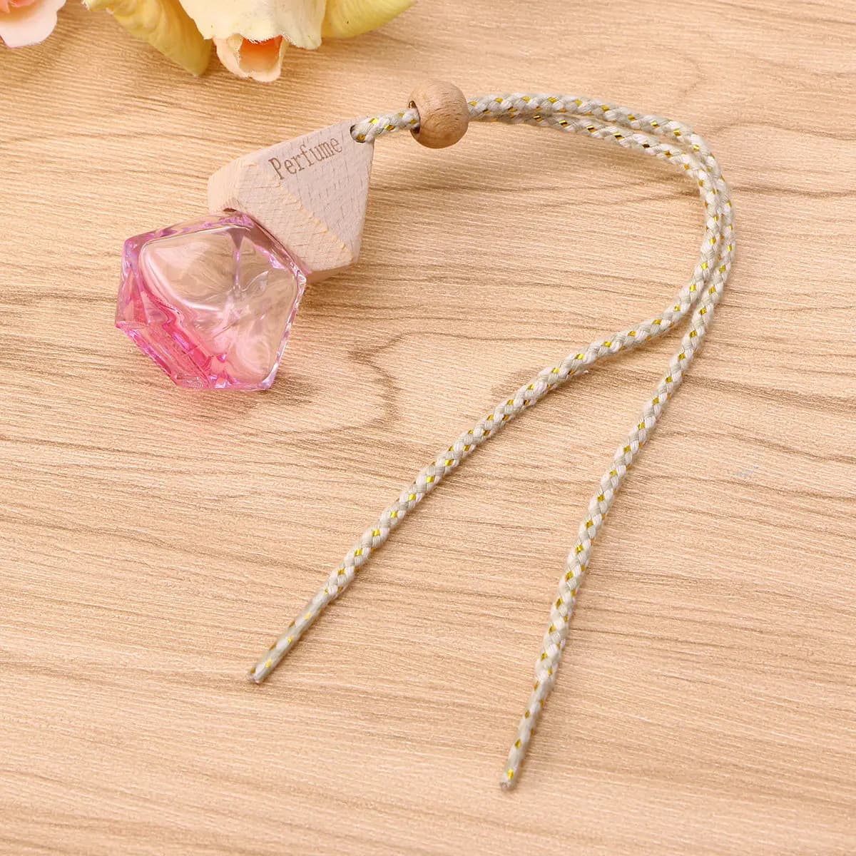 Pink Mini Geometric Perfume Bottle Glass Refillable Car Diffuser Pendant Air Freshener with Wooden Cap String Perfume Bottle