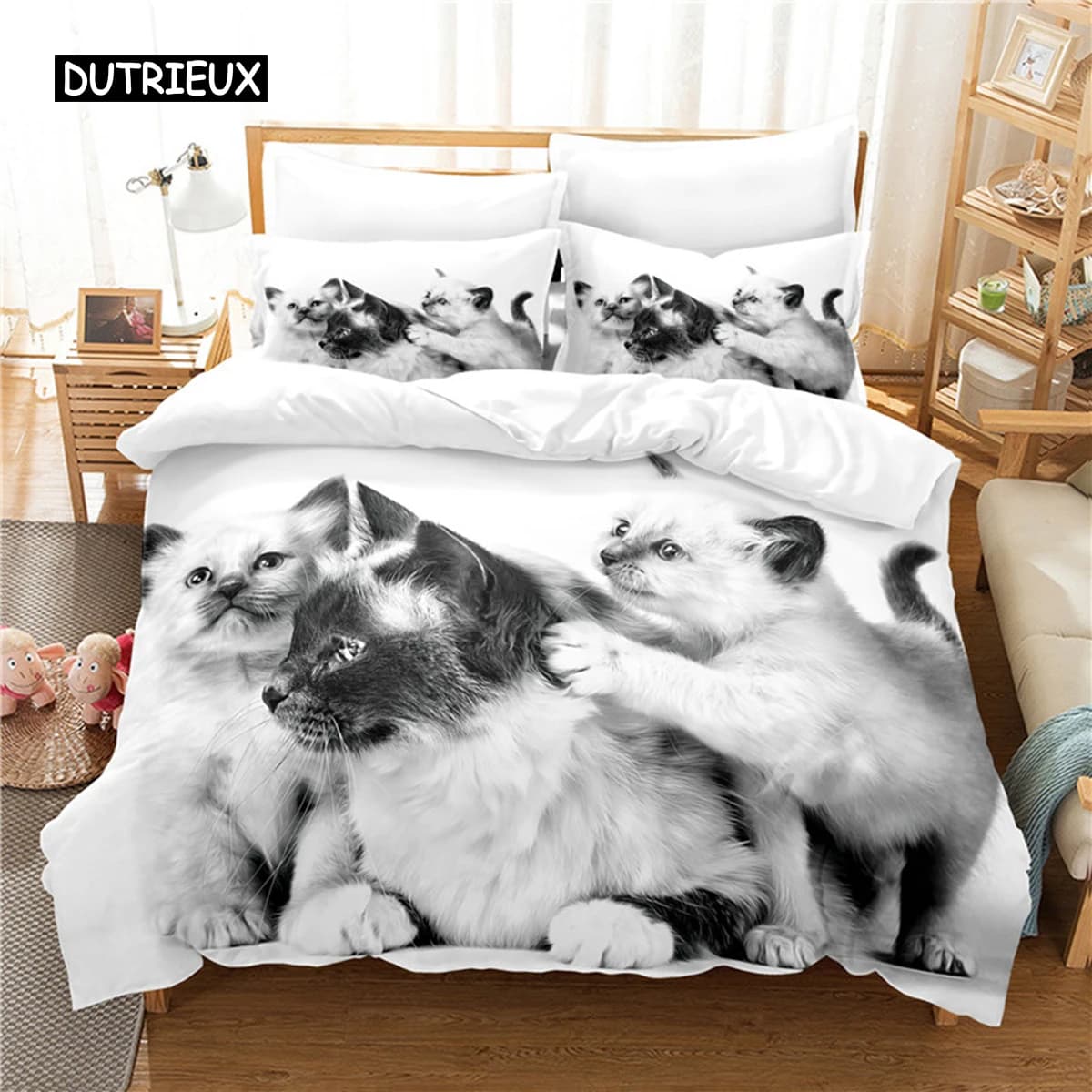 Set di Biancheria da Letto con Stampa Digitale 3D di Gatti Carini, Copripiumino e Lenzuola, Design alla Moda, Misura Queen