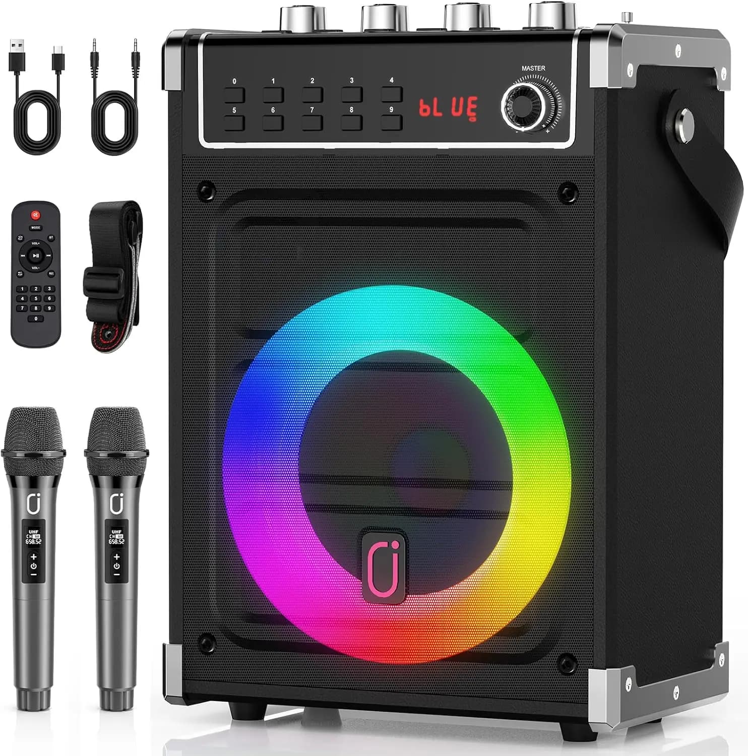 Macchina Karaoke Portatile con Microfoni Wireless, Altoparlante Bluetooth, Luci LED, TWS, AUX, FM, Sistema PA con Registrazione per Feste