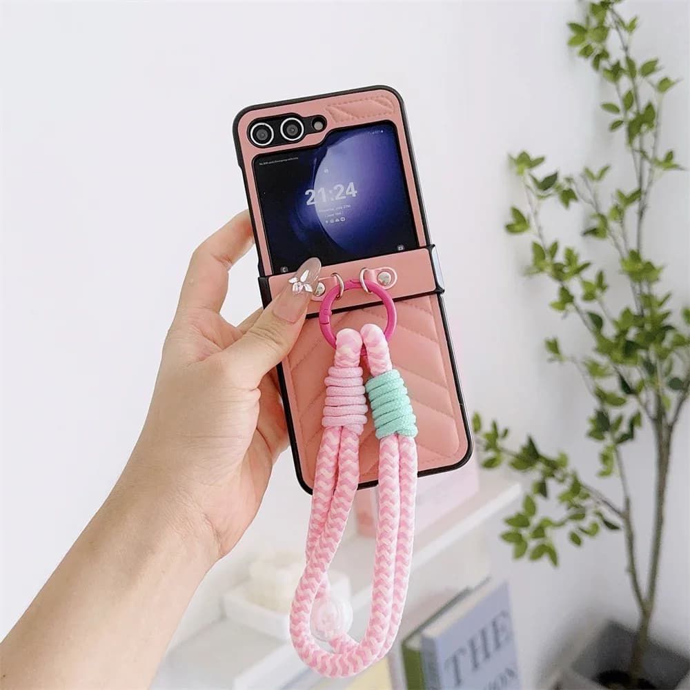 Piumino in pelle stile con cinturino da polso Custodia per telefono per Samsung Galaxy Z Flip 7 6 5 4 3 Custodia protettiva con cerniera rigida